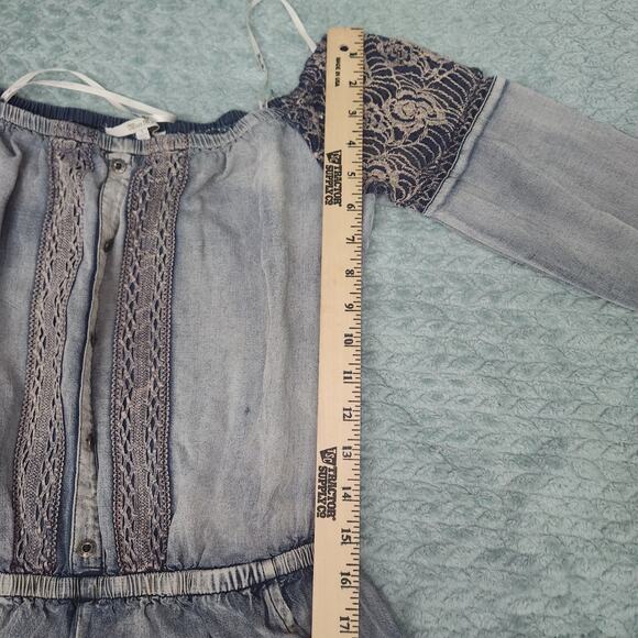MISS ME CHAMBRAY & LACE KEEPSAKE ROMPER DENIM JUMPSUIT Small Pockets - Picture 11 of 14